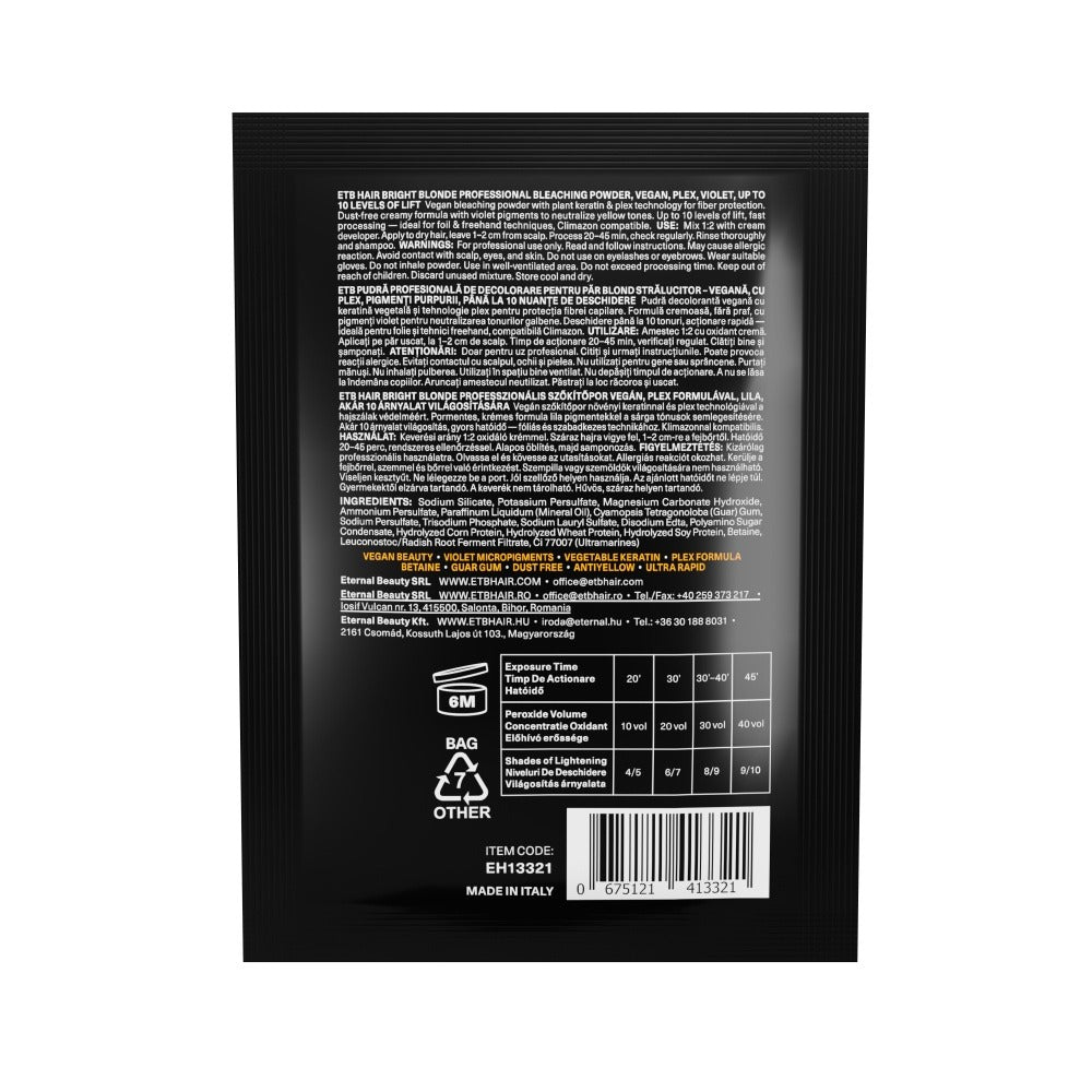 ETB Hair Professional Bright Blonde Szőkítőpor Plex formulával, Lila, 10 Szint Világosítással, Vegán formula